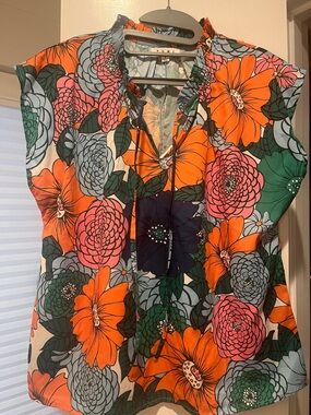 THML Orange Pink Green Floral Tie-Neck Cap Sleeve Blouse Size M EUC